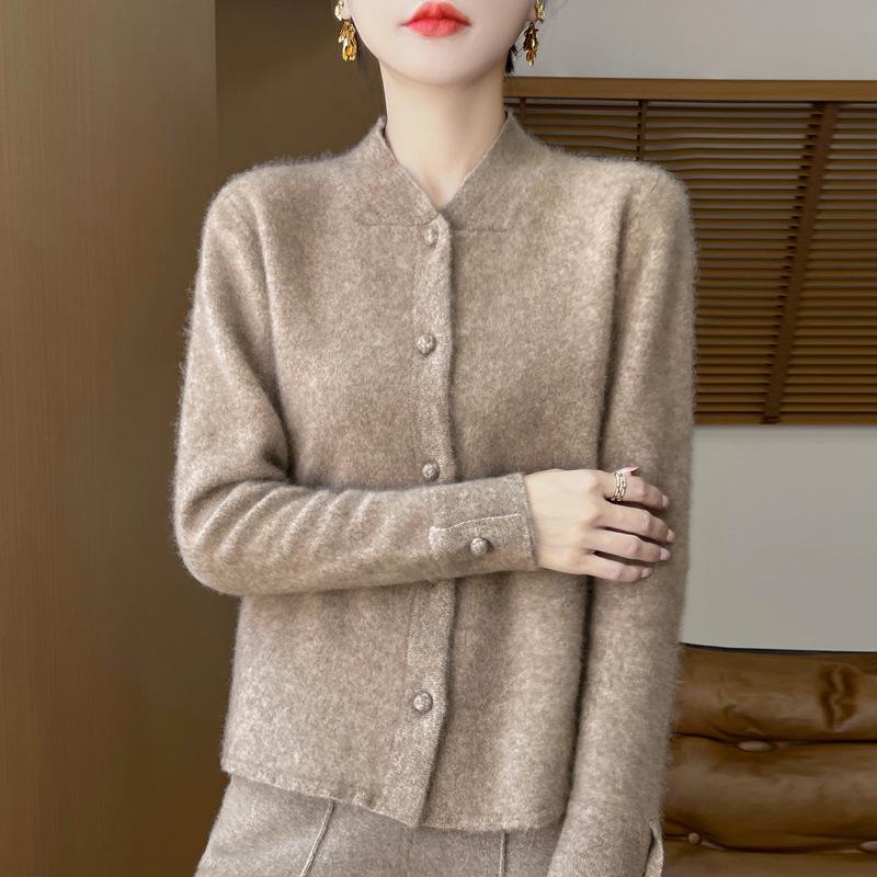 2024 Women's Stand Collar Wool Knit Qipao Cardigan - Casual Versatile Solid Color Sweater for Autumn/Winter
