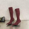 European and American niche temperament suede high-heeled boots 2025 autumn and winter new pointed thin heels but knee zipper tall tube