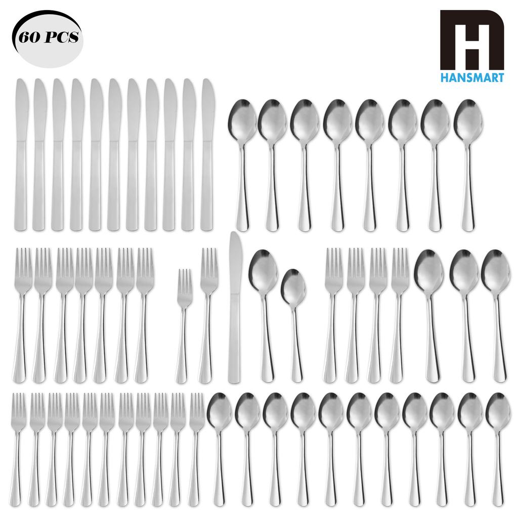HANSMART 60Pcs Stainless Steel Flatware Set Service for 12 Vertical Ribbed Handle Silverware Cutlery Set Dinner Fork Salad Fork Spoon