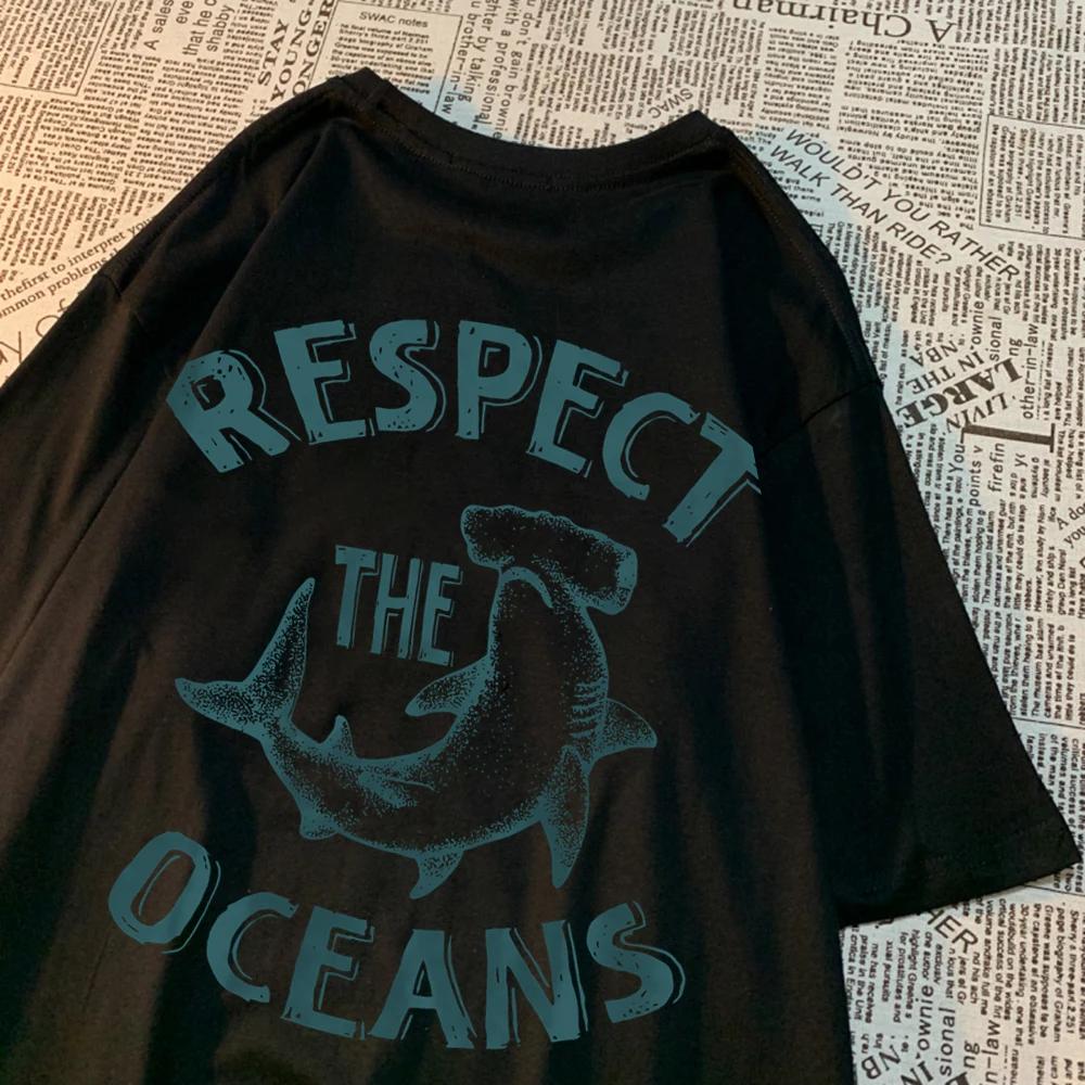 Respect The Oceans Print Men T Shirts Harajuku Loose Tee Clothes Anime Oversize New Menwear Fashion Cotton Men Women T Shirt
