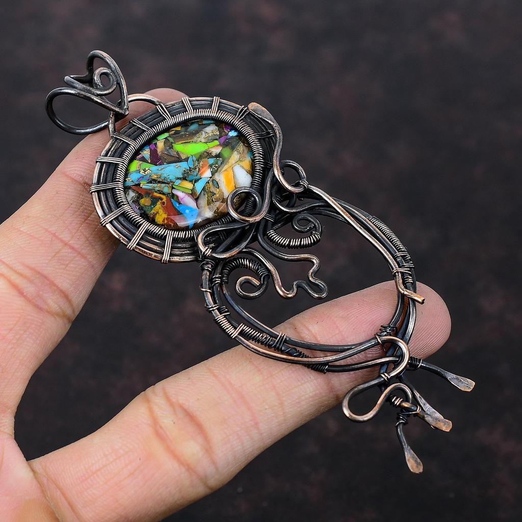 Fiesta Kingman Turquoise Pendant Copper Wire Wrapped Pendant Handmade Wire Jewelry Multi Copper Turquoise Pendant Gemstone Pendant For Gift