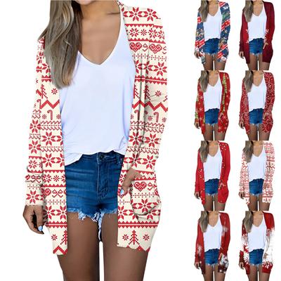 Женская мода, повседневный рождественский принт, кардиган средней длины, куртка, пальто