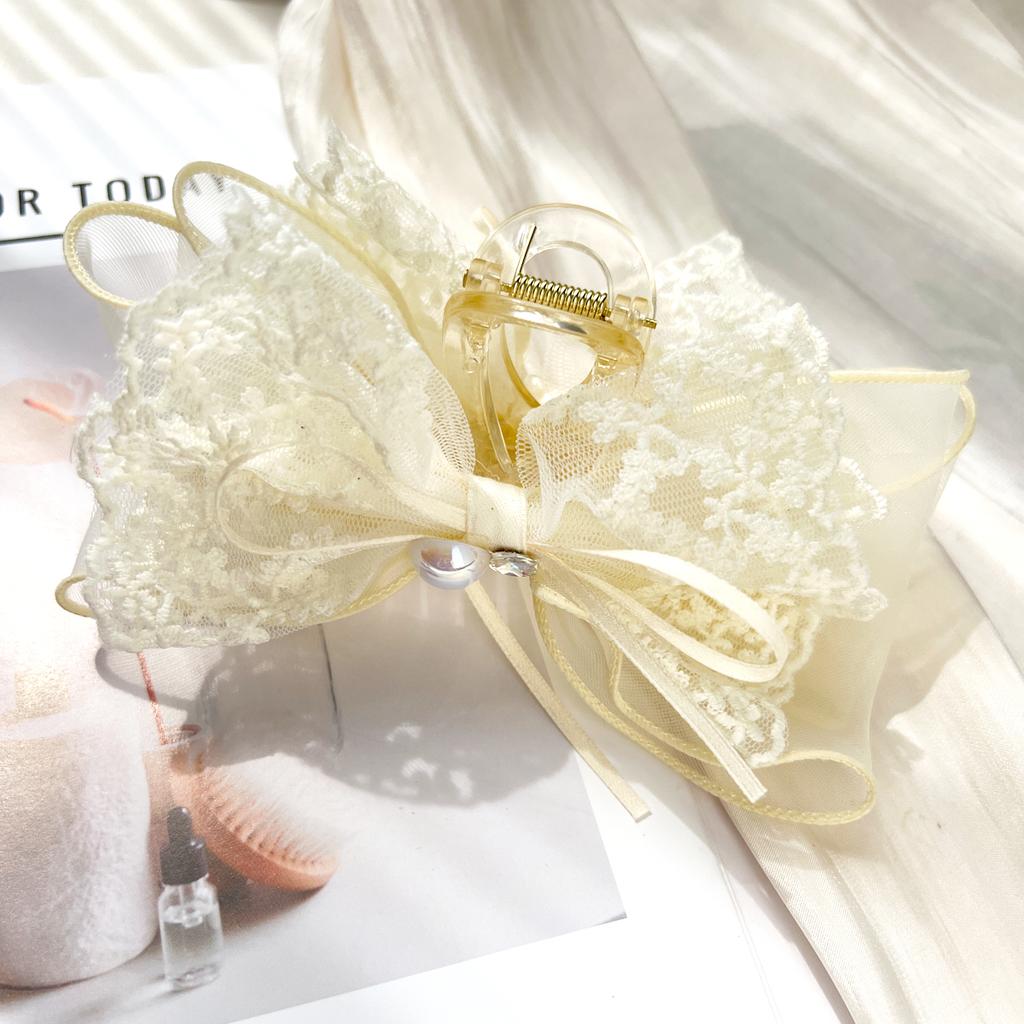 Women'S Black Sweet Large Double Deck Bow Hair Claw Clipnet Bowknot With Jewly Hairpinfashionable Hair Accessories