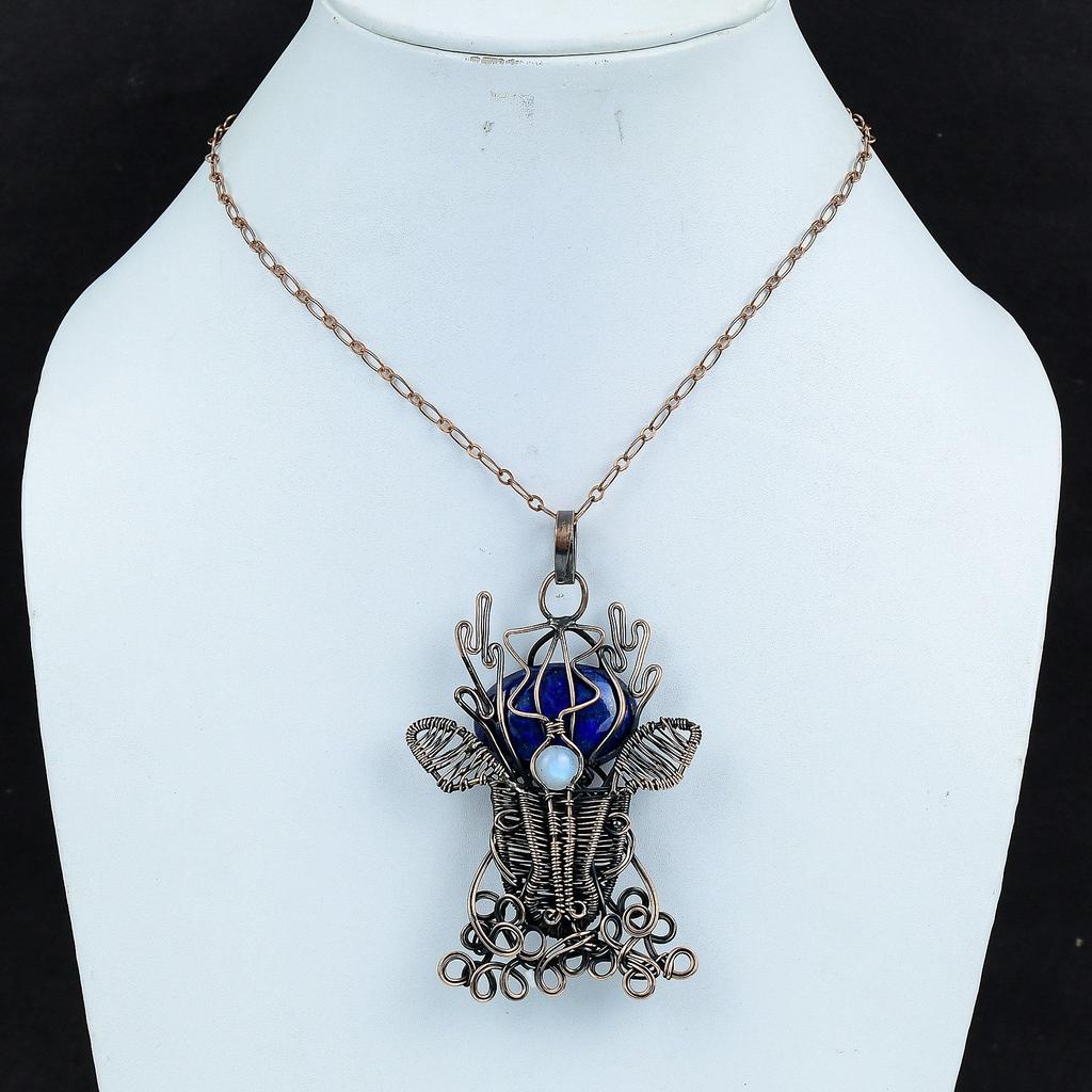 Подвеска из лазурита, медная проволочная обертка, подвеска из лунного камня, подвеска в виде оленьей морды, медная подвеска ручной работы, подарки для нее, подвеска в виде проволочной обертки