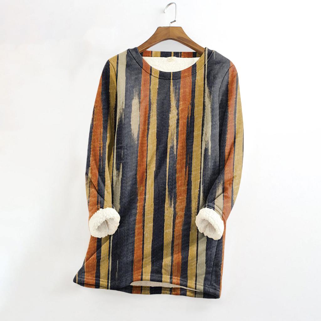 Женский топ с круглым вырезом и принтом из утолщенного плюша и кашемира, теплый длинный топ