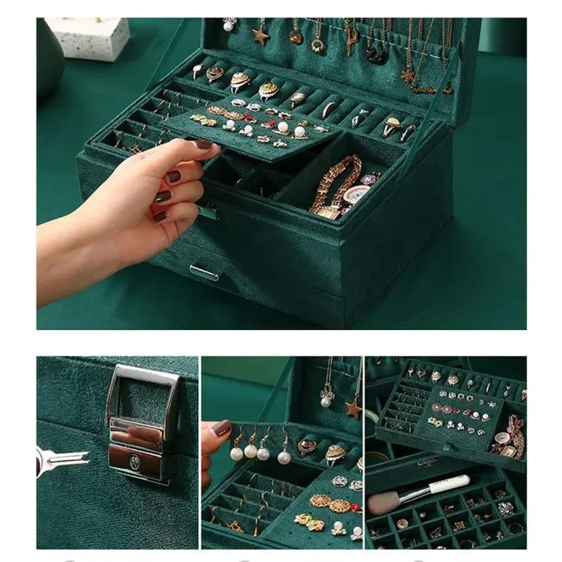 New 3-layers Green Velvet Jewelry Organizer Large Capacity Ring Necklace Makeup Holder Cases  Jewelry Box  for Women with Lock