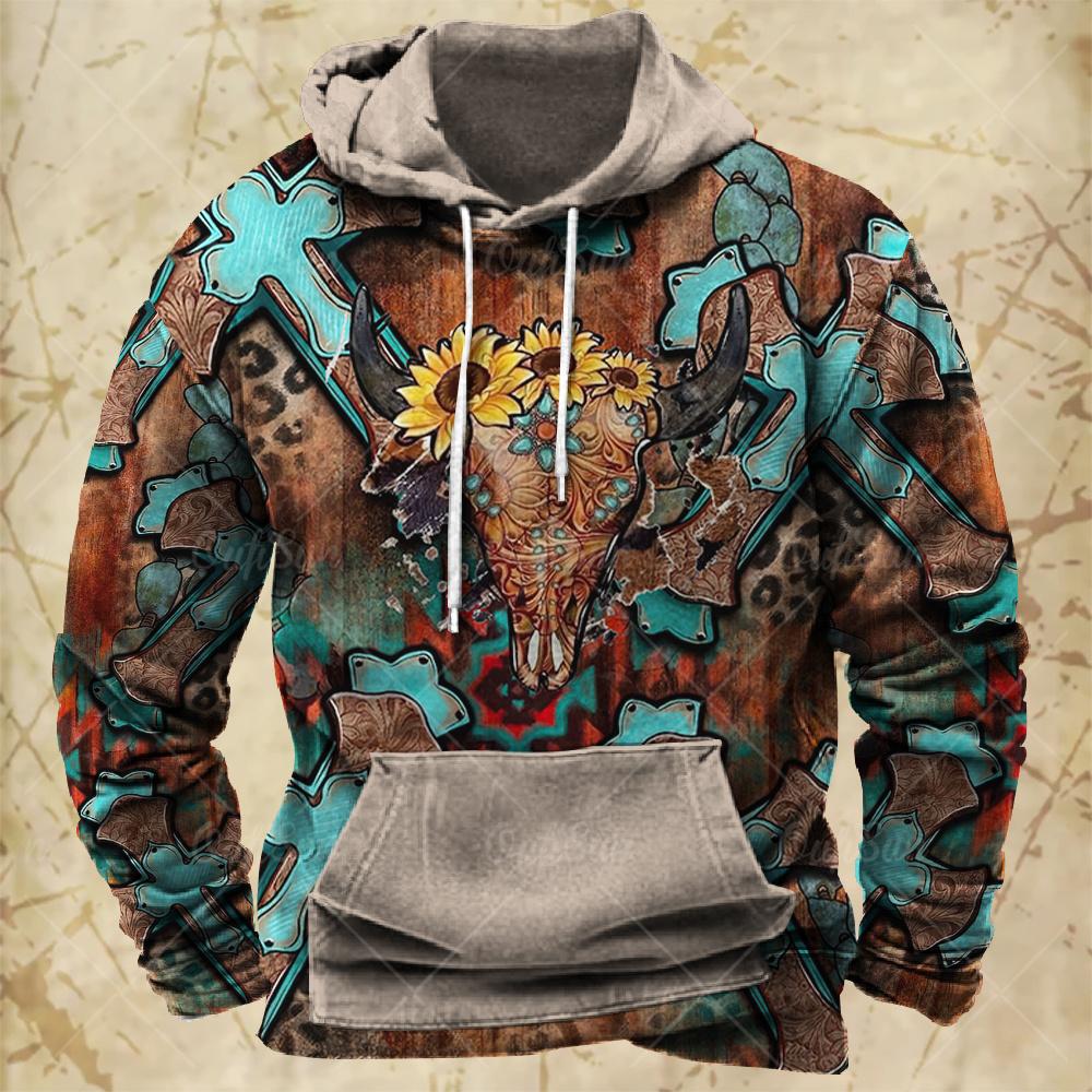 Мужская толстовка с капюшоном Western Cowboy Hooded Sweatshirt North America Demon Wendigo Printed Oversize Harajuku Clothes Vintage Streetwear