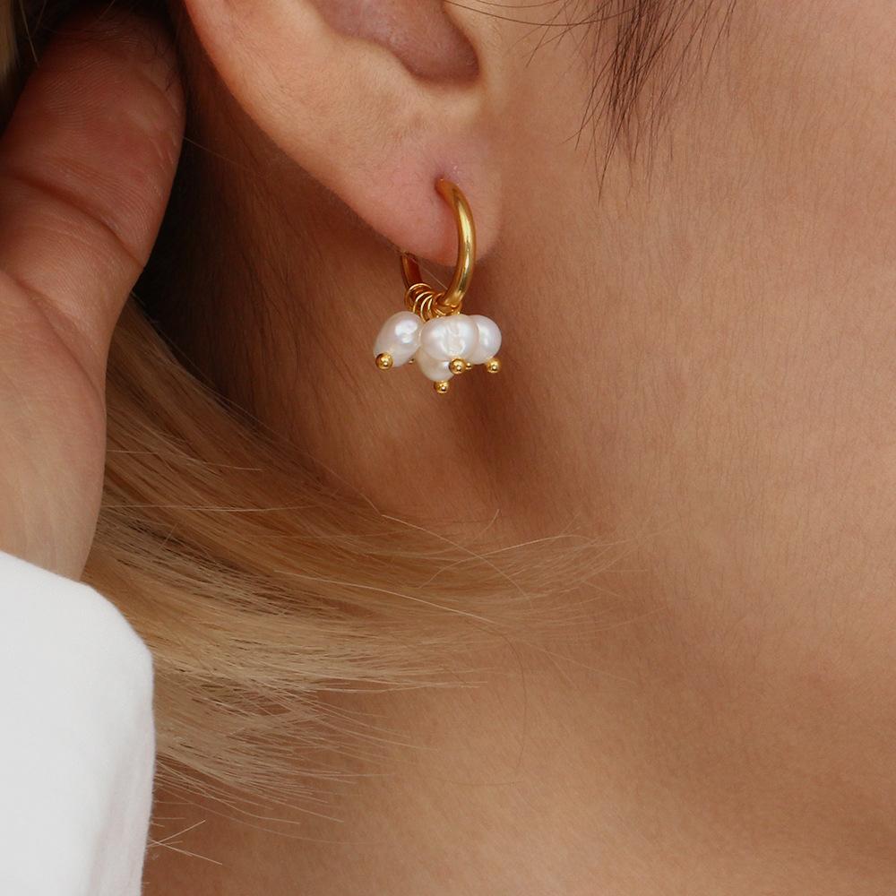 Stainless Steel Pearl Hoop Earrings for Women 18K Gold Color C-Shape Drop Earring Daily Vintage Elegant Zircon Accessories