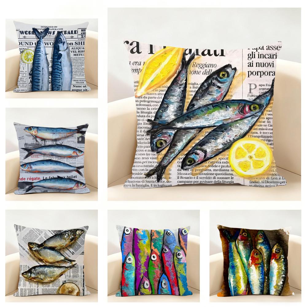 Colorful Sardine Lobster Pattern Art Cushion Cover Linen Pillowcase Soft for Sofa Bed Home Room Decor