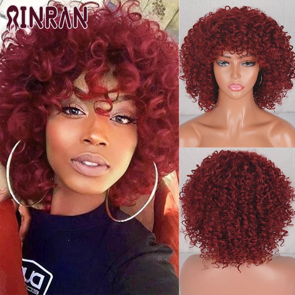 XINRAN Короткий вьющийся парик блондинки для чернокожих женщин, афро-кудрявый вьющийся парик с челкой, синтетический натуральный бесклеевой парик с эффектом омбре, коричневый блондин, парик для косплея