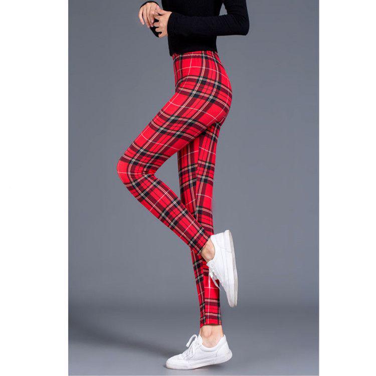 Women Plaid Leggings Girl Slim Cropped Trousers High Elasticity Skinny Casual Pants EMA