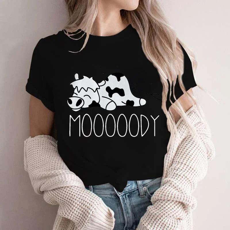 Moooody Cow Kawaii Футболки Женские Летние Забавные Футболки Ленивая Корова Животное Футболки Короткий Рукав Одежда Летняя Прохлада Стиль Футболка