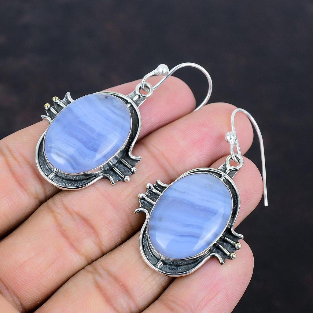 Blue Lace Agate Earrings Original Gemstone Jewelry 925 Sterling Silver Earrings Handmade Dangle Earring Engagement Gifts Brand New Earrings