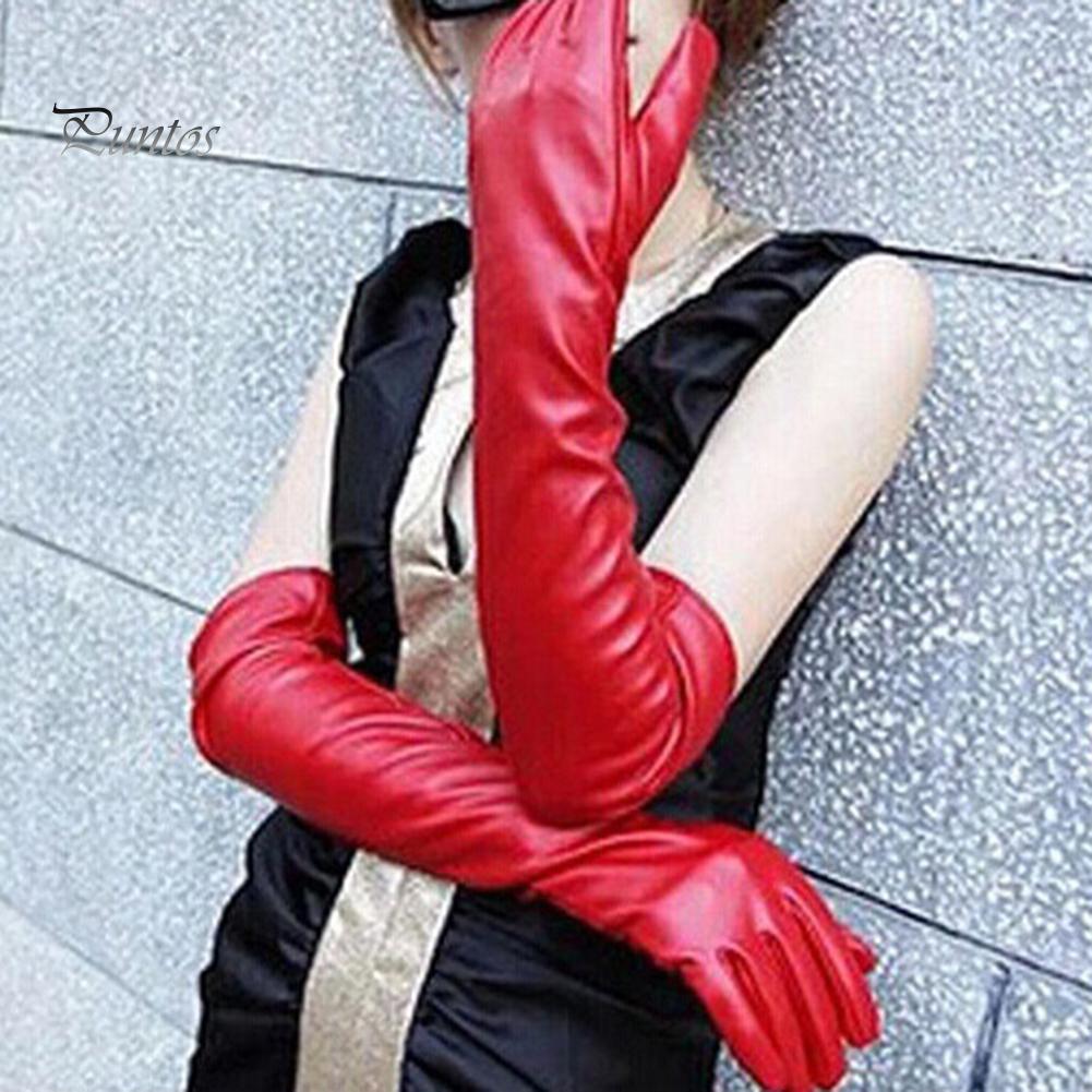 Fashion Lady Solid Color Faux Leather Full Finger Long Arm Gloves Stage Mittens