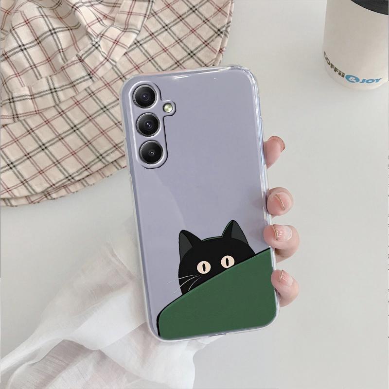 Милый черный кот мягкий прозрачный силиконовый чехол для Xiaomi Redmi Note 13 14T 15 Samsung A55 A35 S24 iPhone 15 Huawei Honor Camera защитный противоударный чехол