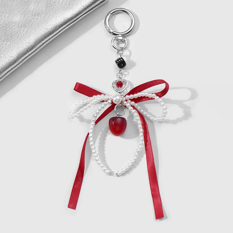Сладкий брелок с красной вишней и жемчугом, ленточный бантик, подвеска для сумки, украшение для ключей, подарок для лучшего друга