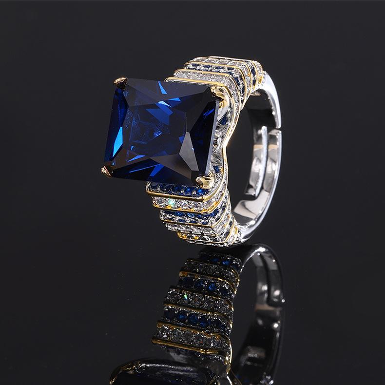 New Ring Jewelry Copper Bottom Gold Plated Live Broadcast Square Blue Red Color Treasure Zircon Cross Border Women's Style