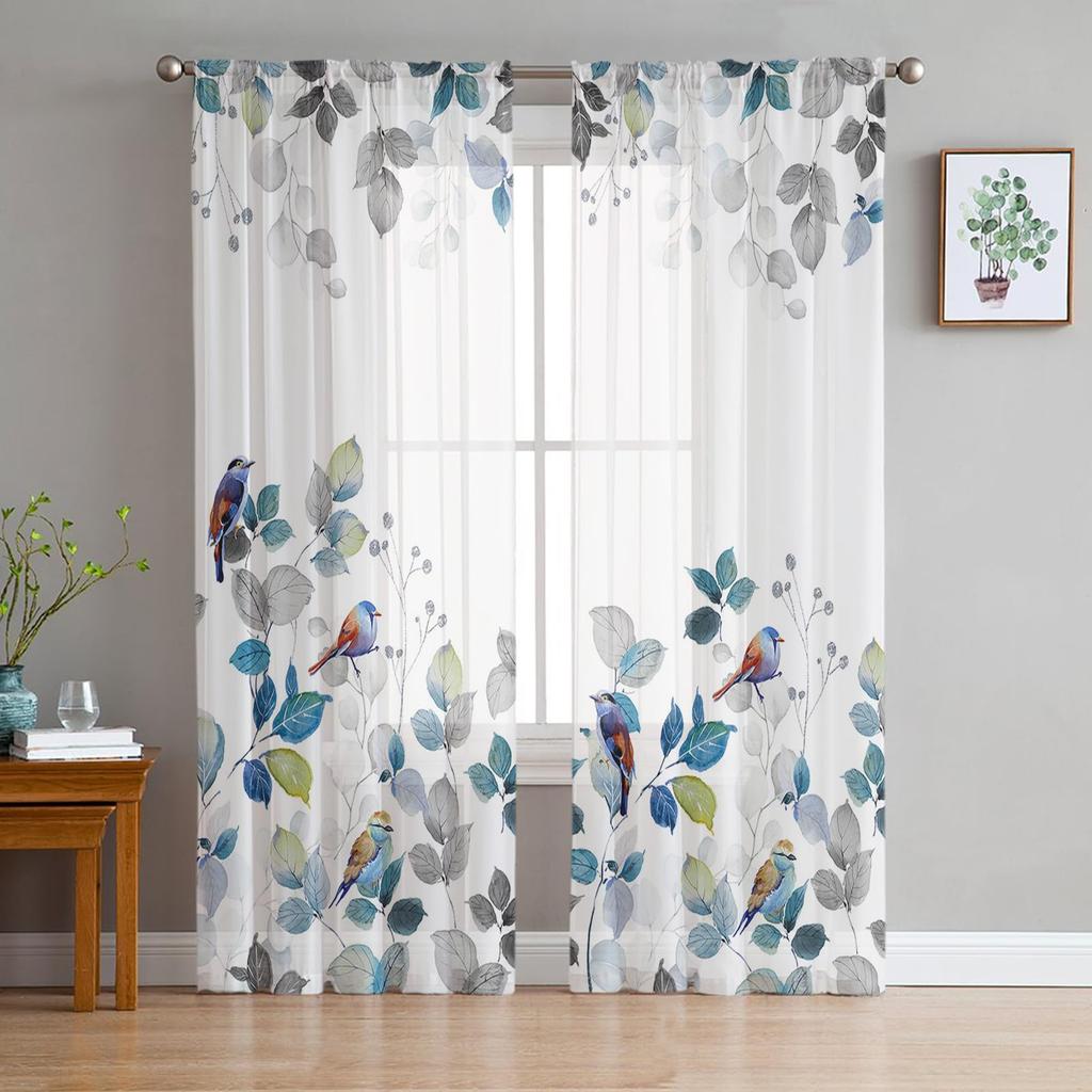 Прозрачные шторы с зелеными листьями, шторы с колибри и эвкалиптом, светофильтрующие шторы с кулиской, вуалевые шторы