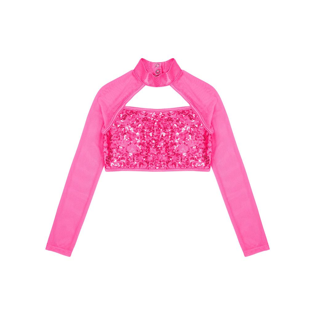 Костюм для танцевальной гимнастики, детский укороченный топ с длинными рукавами и блестящими пайетками для девочек, с открытой спиной