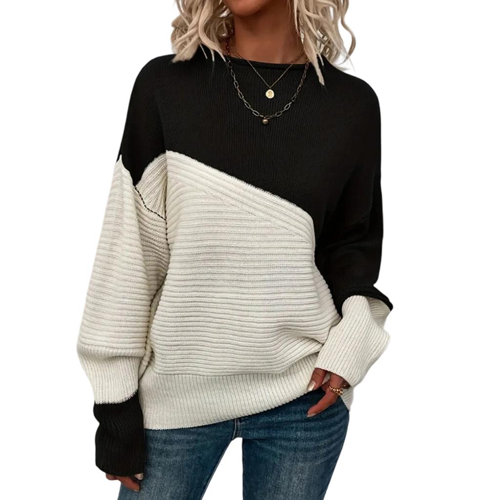 Women's Casual Round Neck Colorblock Pullover Sweater Loose Casual Long Sleeve Contrast Color Top