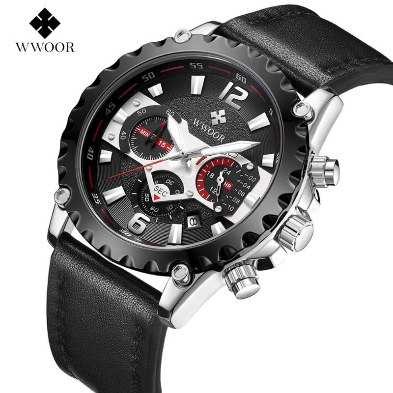 WWOOR Мужские часы с кожаным ремешком, повседневные деловые мужские часы, водонепроницаемые модные кварцевые мужские часы