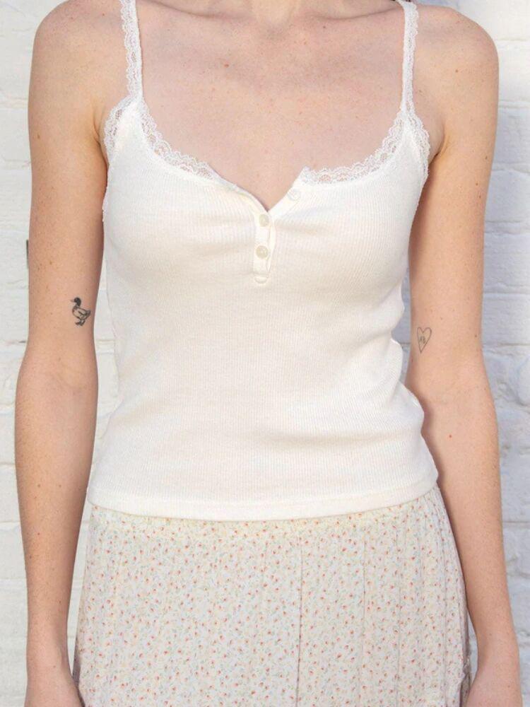 Женский летний жилет BM Style из хлопка в рубчик со сменными подтяжками на пуговицах и американским кружевом.