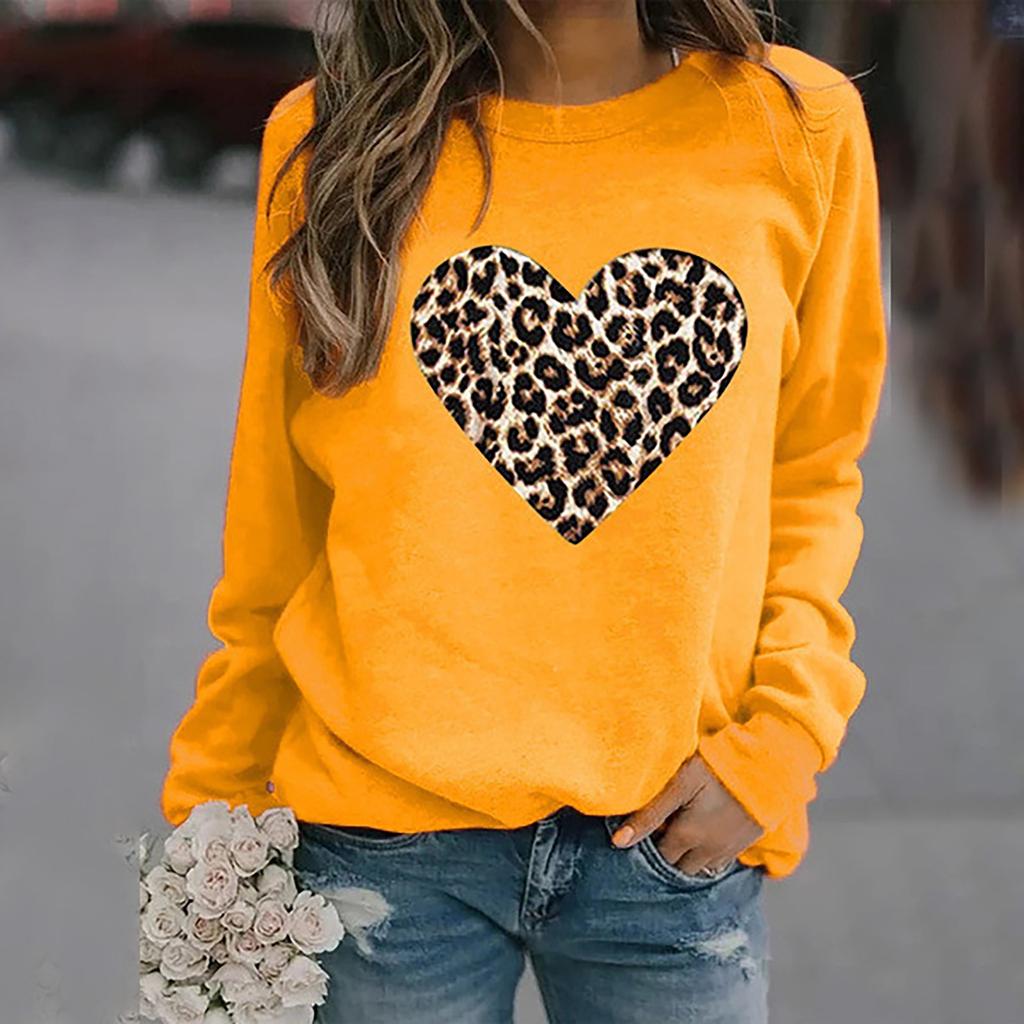 Women Casual Fashion Leopard Print Love Hoodless Plus Fleece Long-sleeved Sweater Top