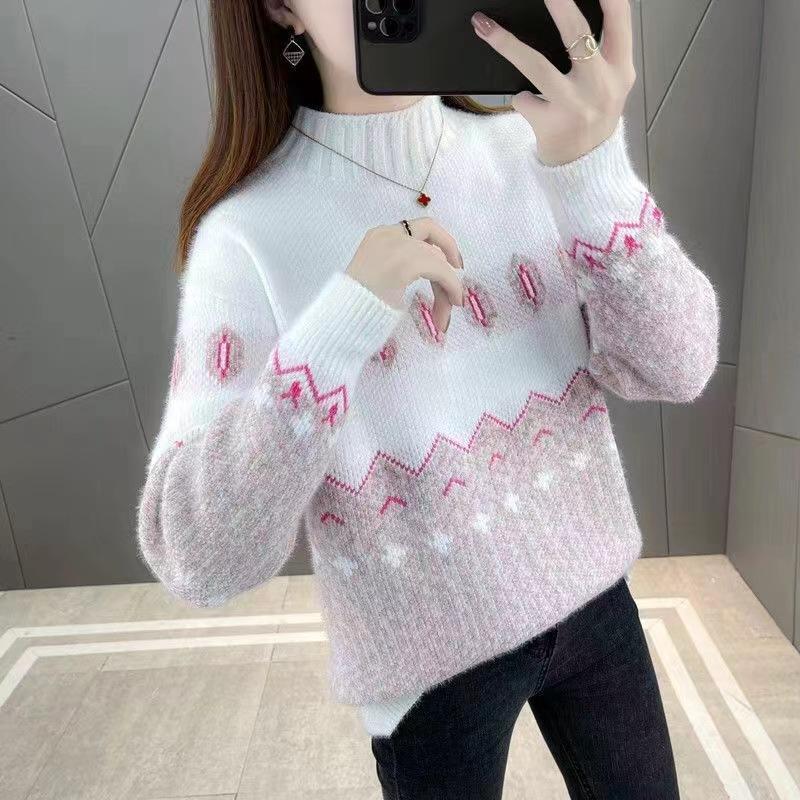 Autumn and Winter New Imitation Mink Velvet Color Matching Chenille Semi-turtleneck Sweater Women's Knitted Sweater with Loose Top