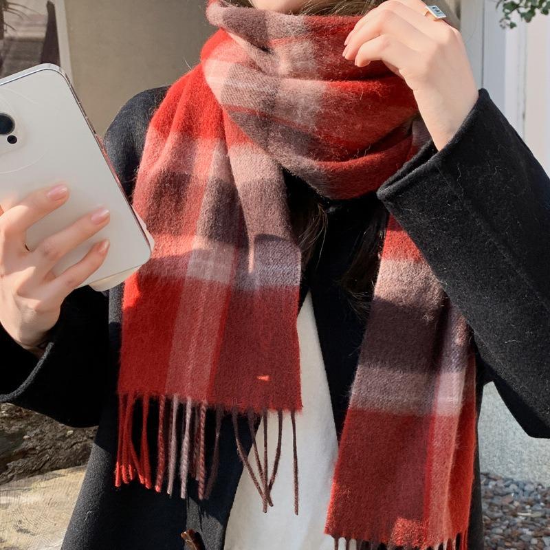 100 Pure Wool Scarf Women's Retro Plaid Red Men's and Women's Couple's Autumn and Winter Warm Scarf