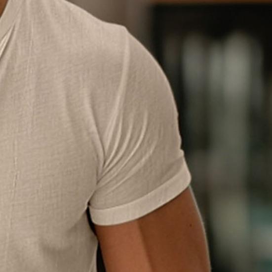 Men's Henry Collar T-shirt Short Sleeve Solid Color Summer Tee Shirt Cotton Blend Casual Top for Daily Wear Beach Travel