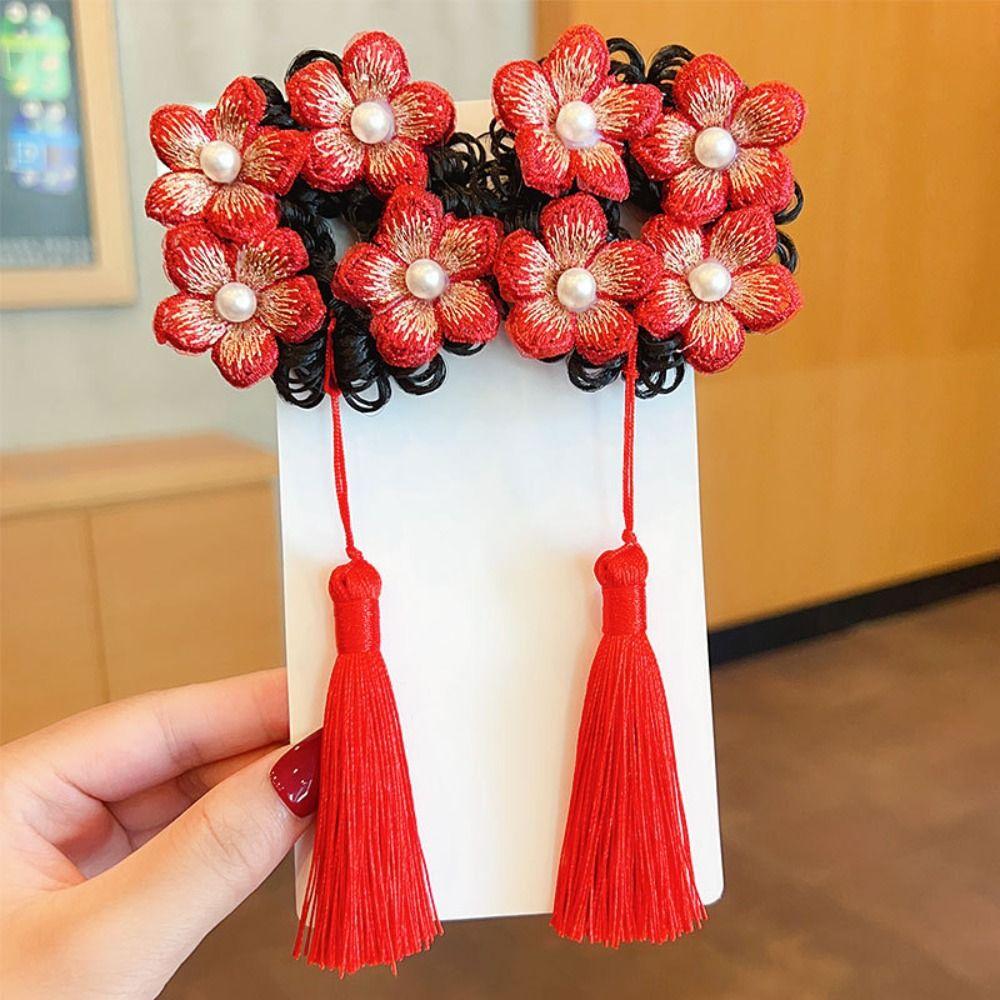 Flower Children Hanfu Hair Ring Red Ancient Style Scrunchines Bow Wig Braid Hair Rope  Baby