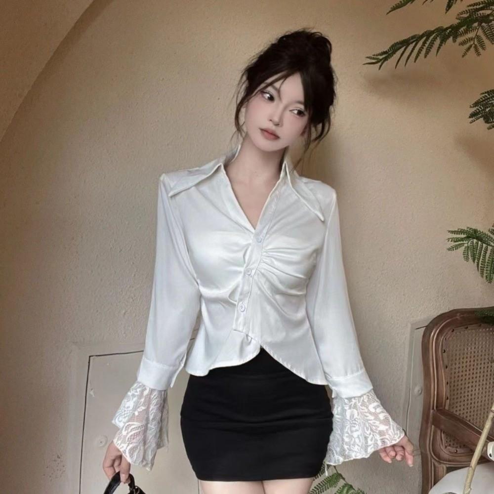 V-neck Lace Long Sleeve Shirts Lace Clothing Sleeves Slim Buttons Shirts Korean Style Blouse  Women