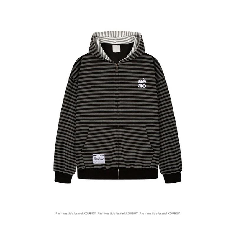 Unisex Oversized Hooded Zip-Up Sweatshirt With Striped Embroidery Detail Cotton Blend Fall Casual Wear