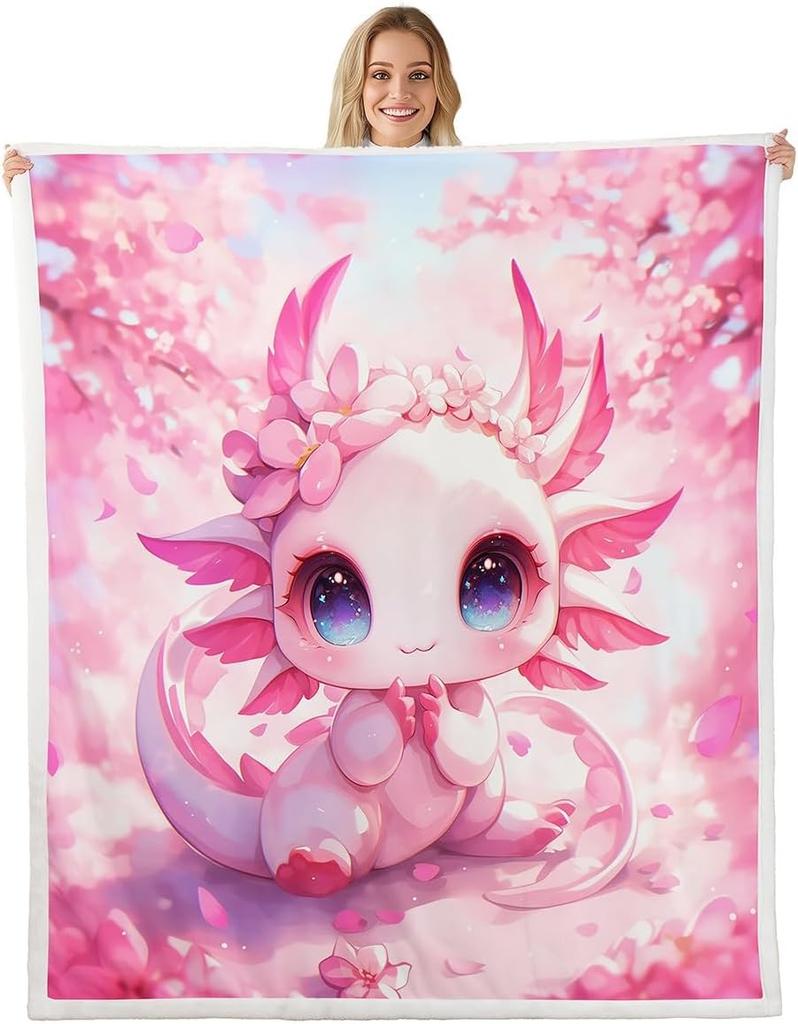 Cute Pink Axolotl Blanket Soft Fleece Throw Cherry Blossom Design Fantasy Art Kids Room Decor