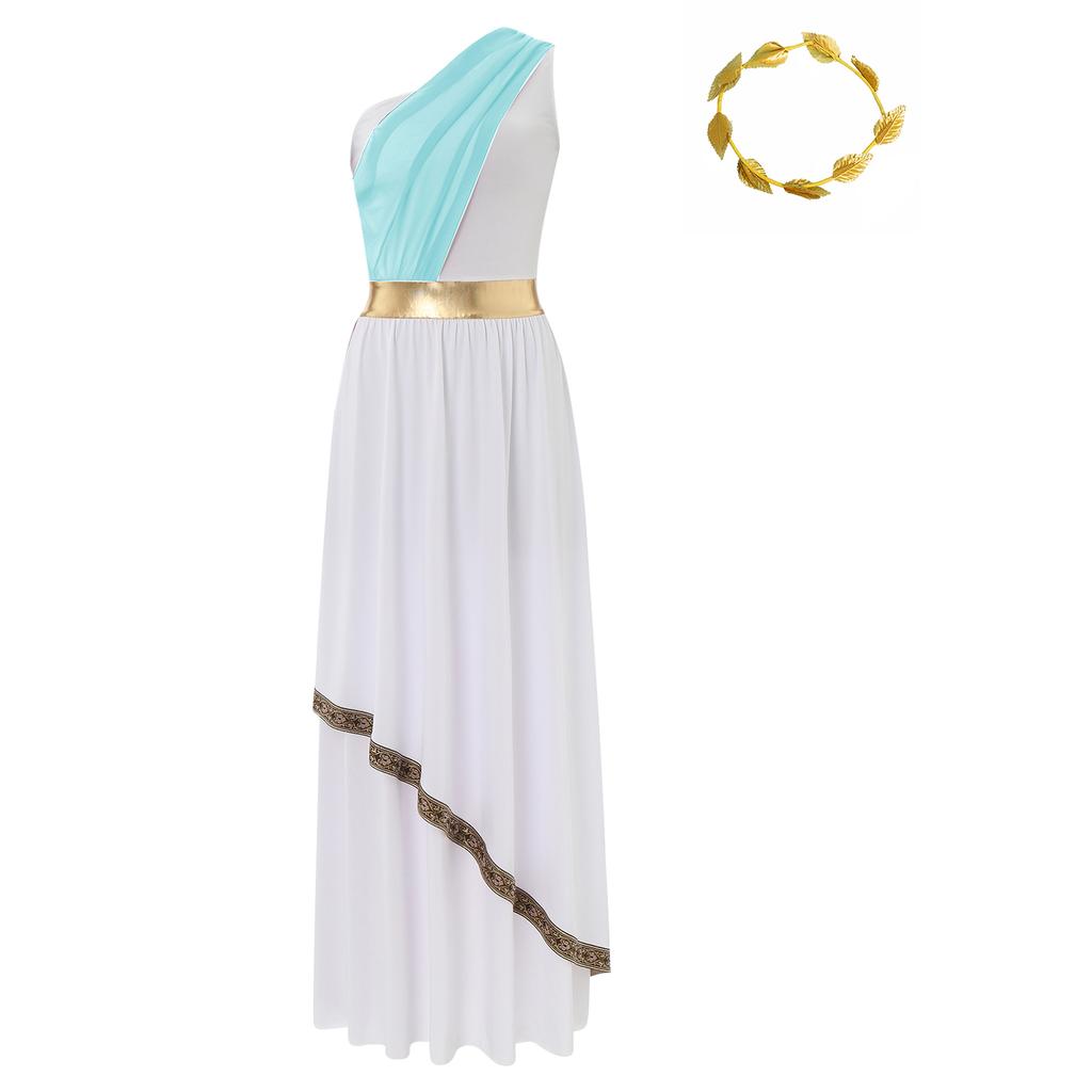 Womens Ancient Greek Dance Dress One Shoulder Chiffon Overlay Vintage Trim Tunic Dress Artificial Leaf Garland Headwear