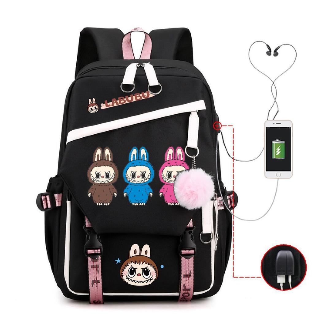 Студенческий школьный рюкзак с принтом Лабубу, многофункциональный, большой вместимости, с USB-портом