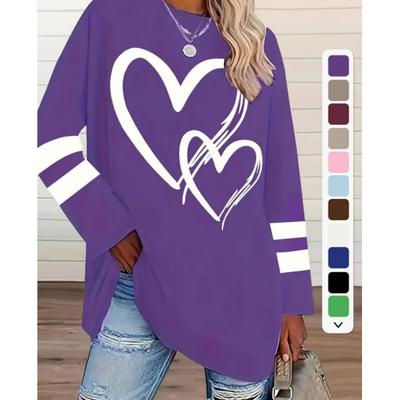 Стильная футболка с круглым вырезом и принтом в виде сердца и полосок больших размеров, повседневная одежда больших размеров с длинным рукавом на весну и осень, женская модная одежда для пышных фигур