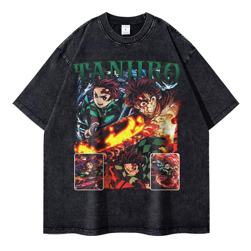 Аниме Demon Slayer Футболки Винтажная стирка Kimetsu No Yaiba Футболка Оверсайз Короткий рукав Манга Кокушибо Аказа Доума Топы Футболки