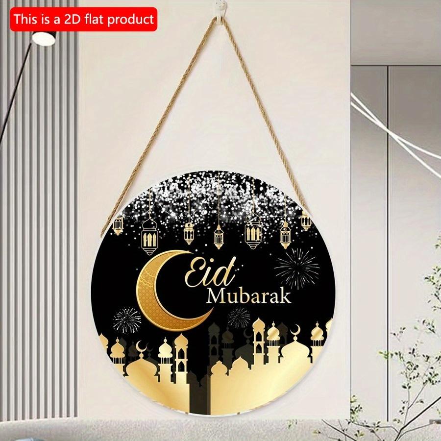 2D Flat 20*20cm1pc Eid Mubarak Black Gold Moon Fireworks Background Good Quality Round Wooden Pendant, Celebrate Eid Ceiling Hanging Ornament, Islam
