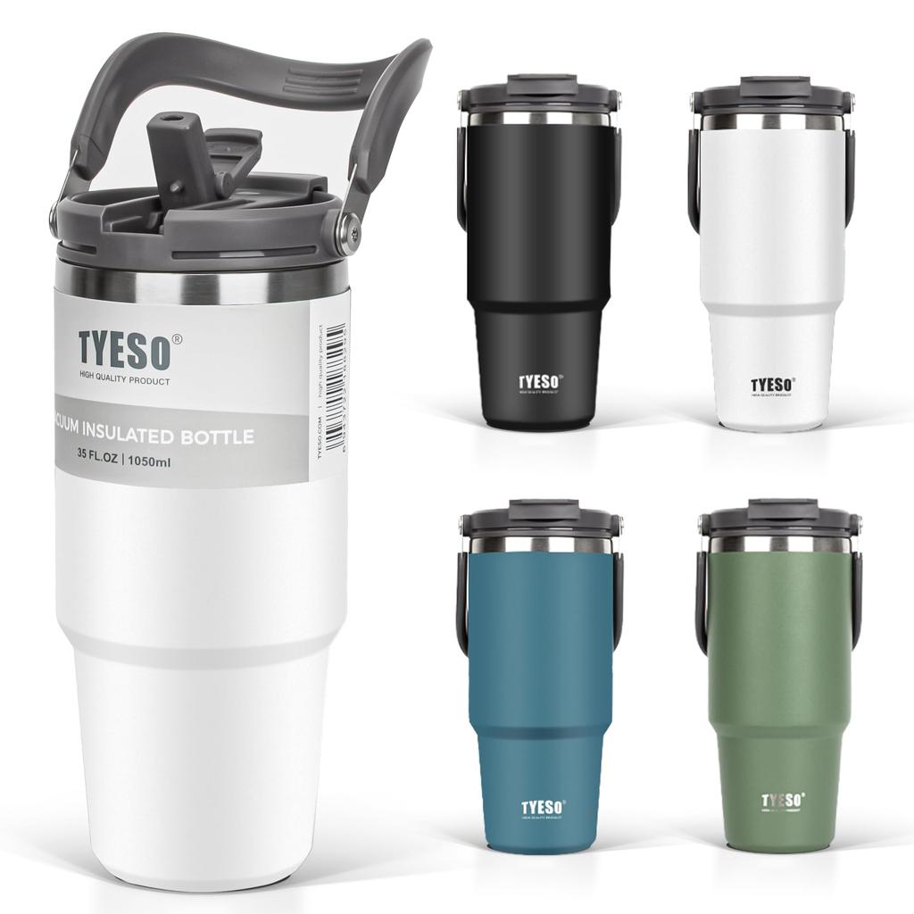 TYESO Tumbler with Straw 1050ml Coffee Water Bottle Thermos Insulated Kettle with Handle Vacuum Insulated Double Walled Wide Mouth Large Capacity