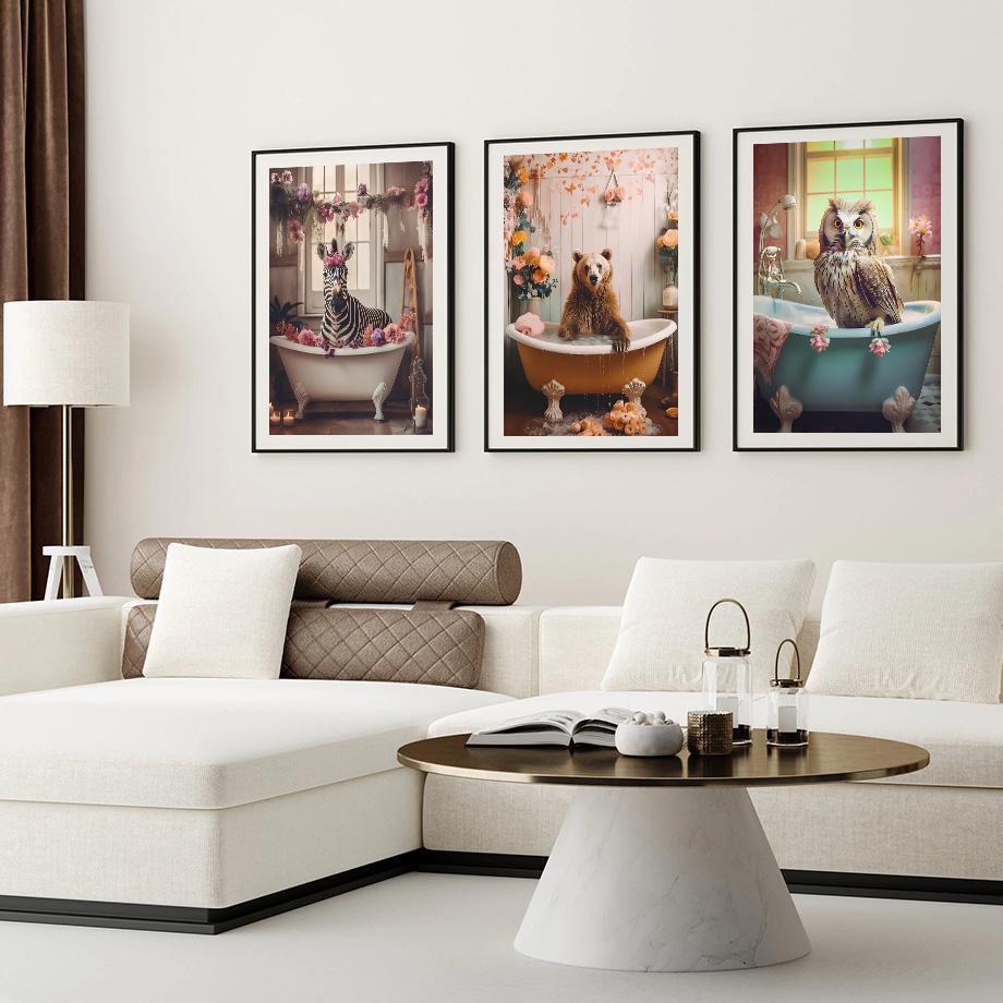 Забавный юмор для ванной комнаты Зебра Жираф Лев Свинья Собака Кошка Крупный рогатый скот Пингвин Сова Стена Домашний Декор Туалет Плакат Художественная печать Холст Картина