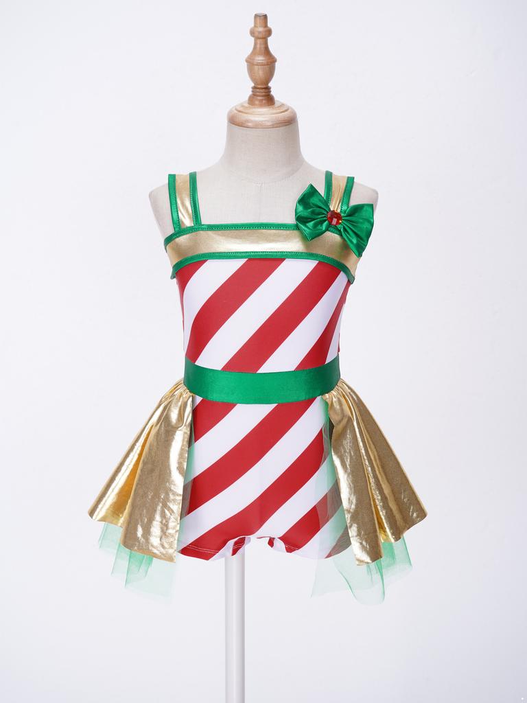 Girls Christmas Jumpsuit Striped Design Rhinestone Bow Adorned Ruffle Skirt Shorts Bodysuit Cosplay Costume