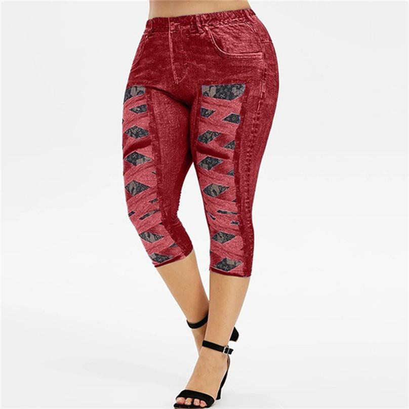 European and American Large Print Denim Pocket Sexy Women's Lace Leggings Yoga Pants