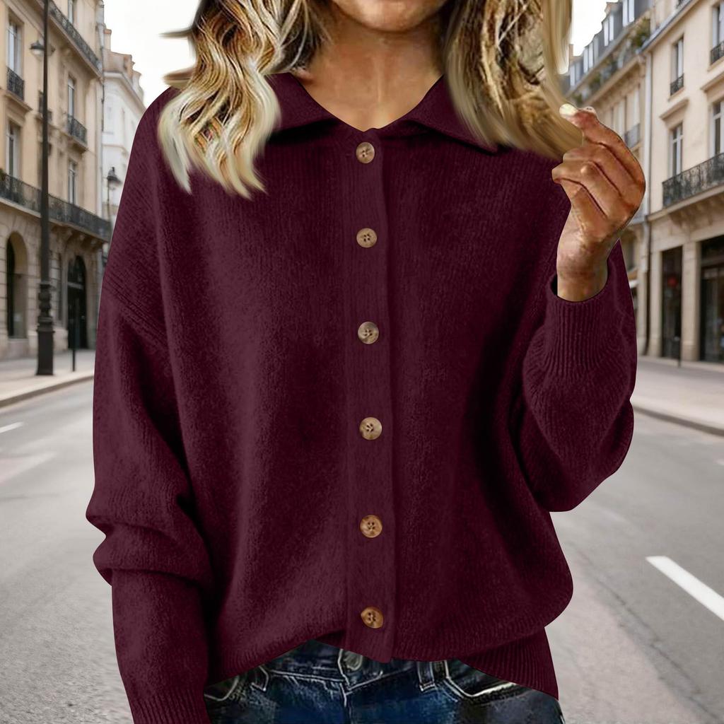 Women's Fashion Casual Solid-Colour Long-Sleeved Button-Front Knitted Collared Cardigan
