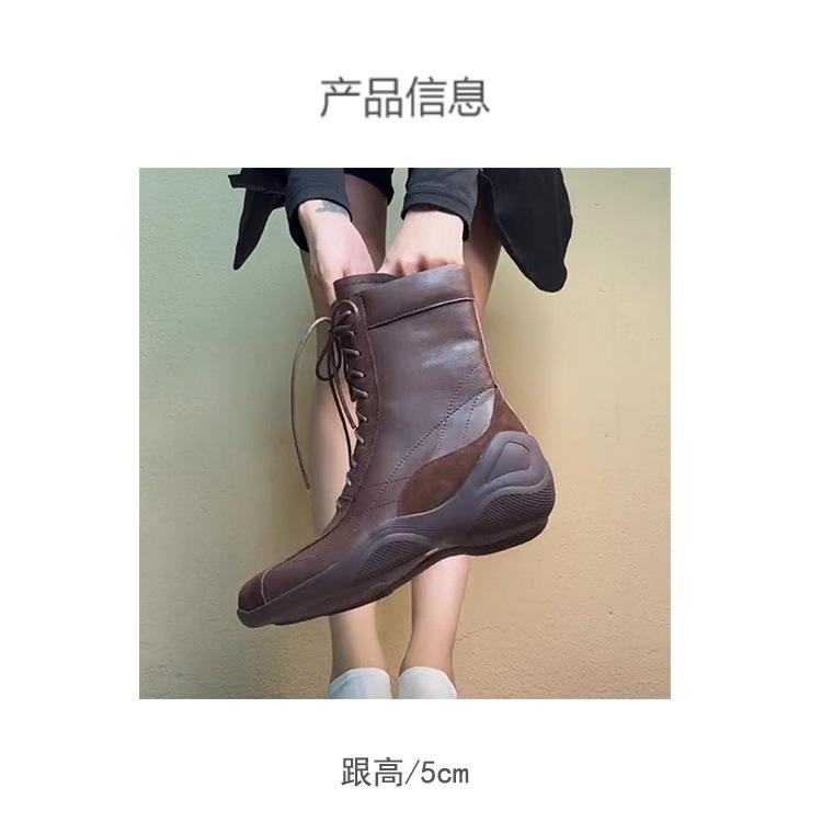 Ruoji Leather Martin Boots Women's 2025 New Retro Style Brown Suede Side Zipper Muffin Bottom Strap Boxing Boots