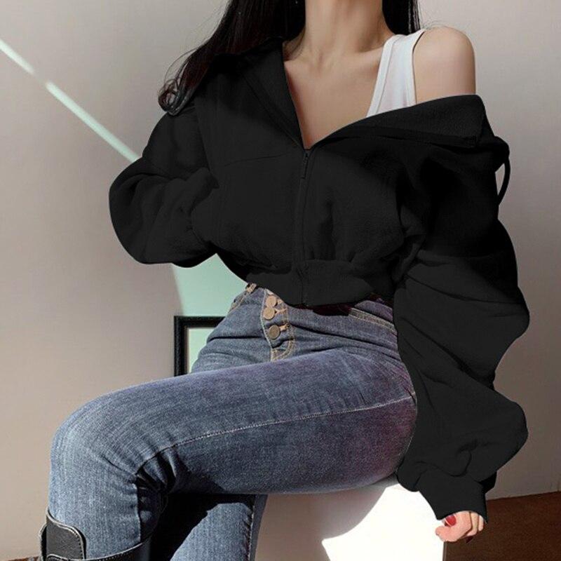Короткая толстовка с капюшоном, женская однотонная толстовка, спортивная одежда, женский укороченный топ с длинными рукавами