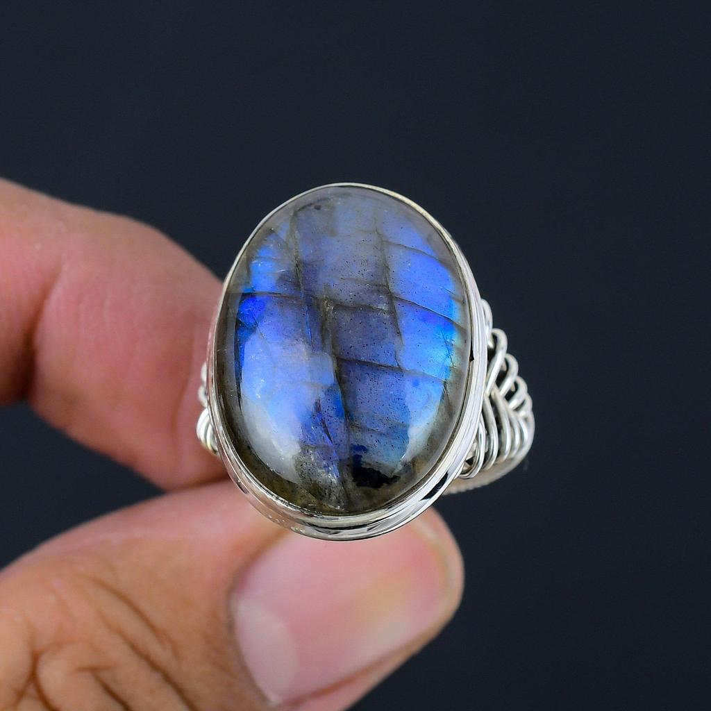 Натуральный синий огненный лабрадор, драгоценный камень, твердое серебро 925 пробы, массивное кольцо ручной работы, ювелирные изделия для женщин и девочек