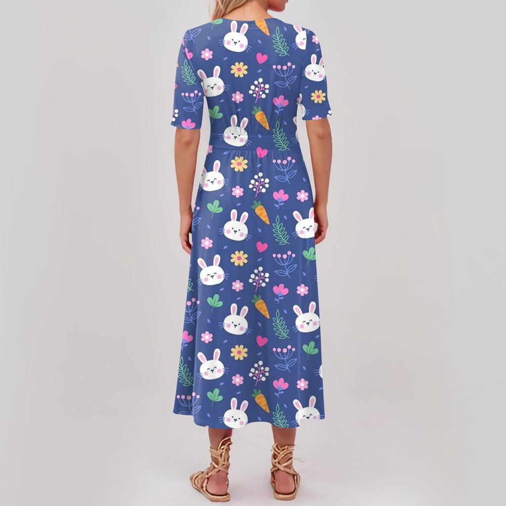 Ladies Casual Fashion Gradient Print V-Neck Short Sleeve Waist Long Swing Dress