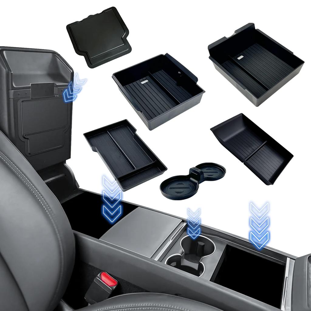 For Tesla New Model Y 2025 Launch Juniper ABS with Silicone Non-slip Mat Console & Armrest Storage Box Upper and Lower Watercup