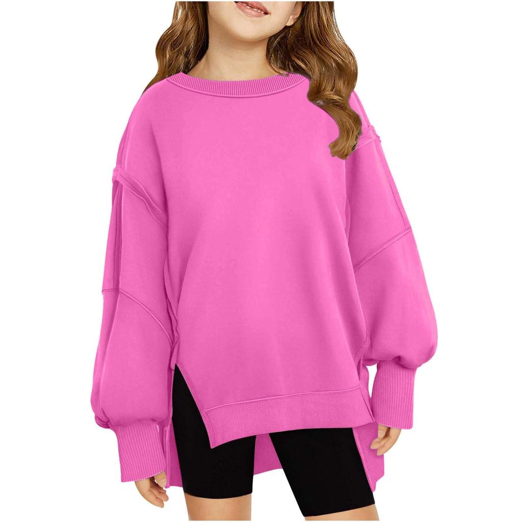 Children's Oversized Pullover Sweatshirt Girls' Round Neck Split-Front Solid Color Hoodie